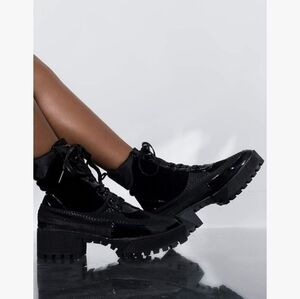 Lace Up Lug Sole Chunky Heel Paneled Military Combat Boots-BLACK Sz 7